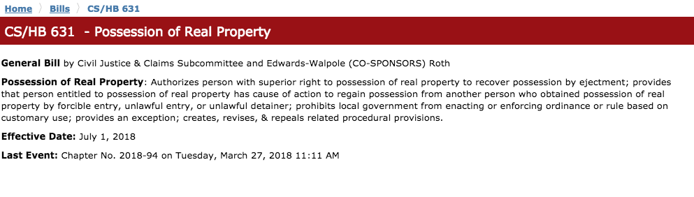 Bill CS:HB 631 - Possession of Real Property